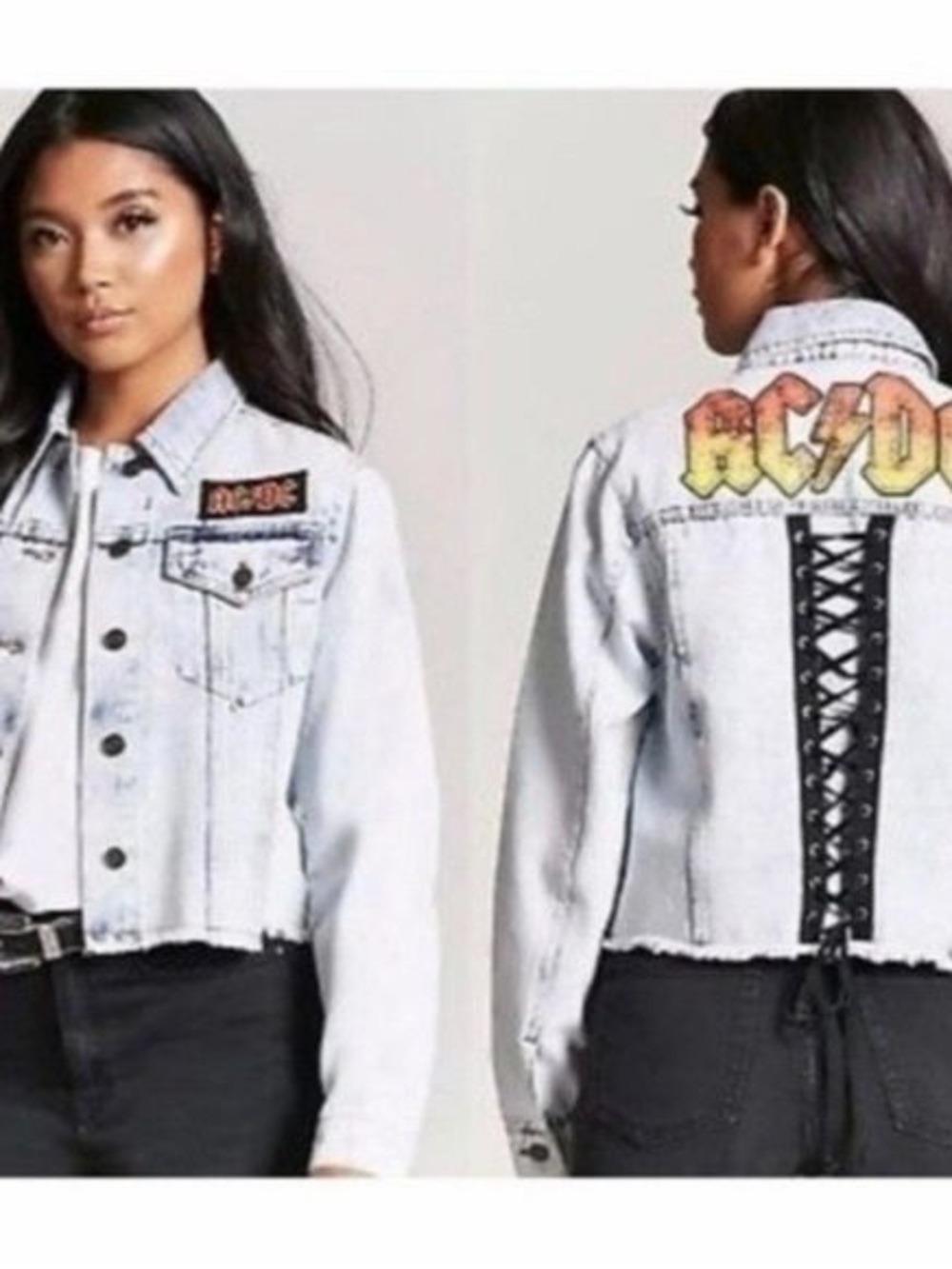 AC/DC Light Wash Denim Lace-Up Back Jacket - Women's Light Blue Denim